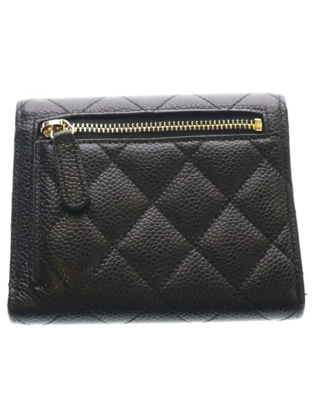 Chanel Quilted Caviar Leather Gold Classic Small Flap Wallet Trifold Black
